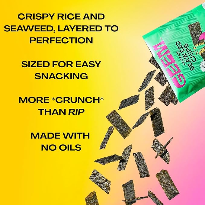 GEEM Seaweed Snacks – Korean Seaweed Chips with Rice Crisps & Sesame | Crunchy, Oil-Free Snack | Vegan, Non-GMO | Great for Kids & Adults | Sweet 4-Pack