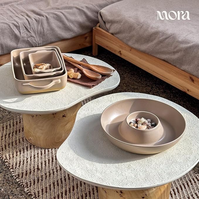 MORA Ceramic Chips and Dip Serving Tray: Large Divided Party Bowl Set for Chips & Salsa, Veggies & Dip, Fruit, Snacks, Entertaining, Hosting, etc. Minimalist Design for the Modern Hostess - Mushroom