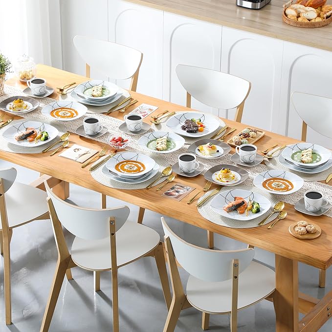 VEWEET 'Nikita' 30-Piece Dinner Set Ivory White Brown Lines Porcelain China Ceramic Combination Sets of Dessert Plates/Soup Plates/Dinner Plates/Cups/Saucers Service for 6