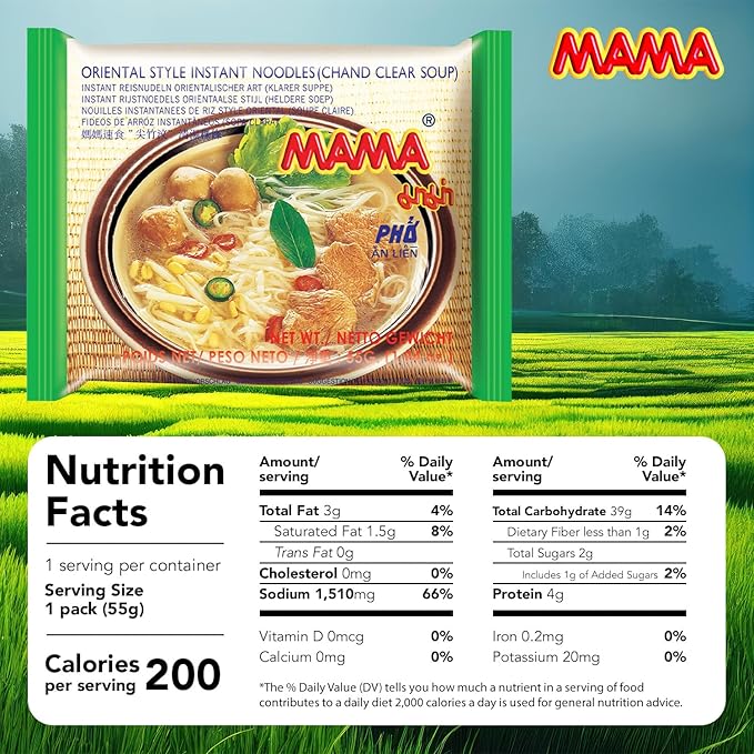 MAMA Noodles Chand Clear Soup Instant Rice Noodles w/Delicious Thai Flavors, Hot & Spicy Noodles, No Trans Fat w/Fewer Calories Than Deep Fried Noodles 30 Pack