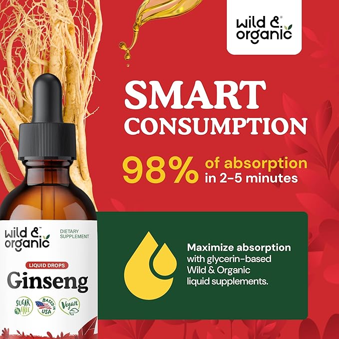 Wild & Organic Korean Red Ginseng Extract Drops - Immune & Energy Support - Panax Ginseng Supplement - Add to Tea Liquid Root Tincture - Vegan, Sugar & Alcohol-Free - 2 fl oz