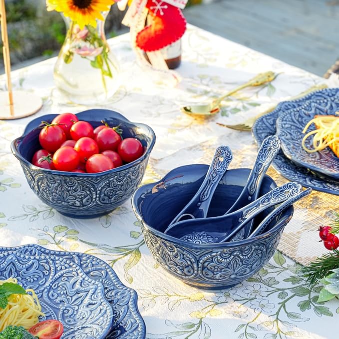 Sungmor Embossed Stoneware Fine Dining Dinnerware, Antique Baroque Style Porcelain 5.5 Inch Soup Spoons, Set of 4 Blue Ceramic Chinese Spoons, Asian Style Spoon for Miso Soup, Ramen, Dumpling