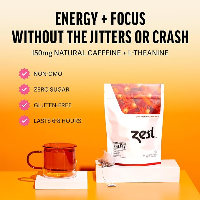Zest 150mg High Caffeine Energy Leaf Blend - Spicy Masala Chai Black Tea - 20 Pack Bag - All Natural Strong Flavored Healthy Coffee Alternative Highly Caffeinated Substitute - Perfect for Keto Diet