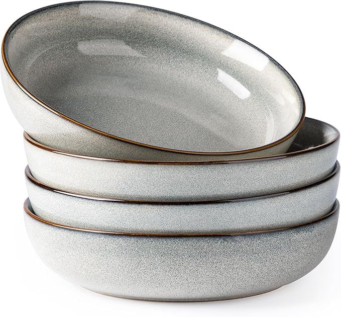GBHOME 8.75'' Large Ceramic Pasta Bowls, 38oz Stoneware Pasta Serving Bowls Set of 4 for Kitchen, Wide Bowls for Fruit,Pasta,Salad,Oatmeal,Meal, Microwave Safe, Reactive Glaze-Green Wheat