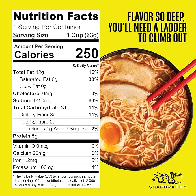 Snapdragon Tonkotsu Ramen Cup Noodles - 6 Pack Instant Ramen Bowl with Authentic Wheat Noodles, Soup Sauce Base, Flavor and Vege Packs. Microwave or Hot Water, Easy Meal Prep