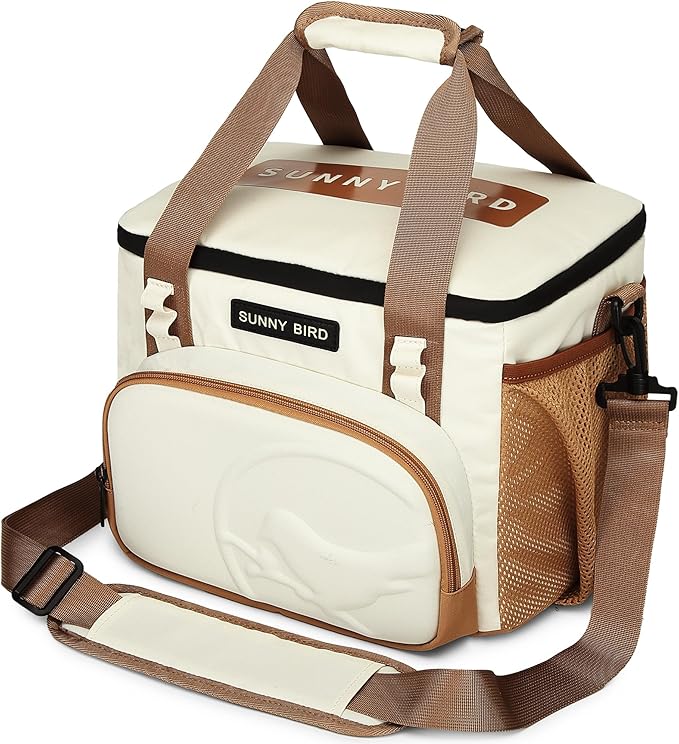 SUNNY BIRD 12L Large Insulated Lunch Bag, Leakproof and Foldable Lunch Cooler Box for Women Adult and Men, Fits 18 Cans (Ivory White 01)