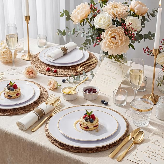 KIRE 200PCS Gold Plastic Plates - Disposable Plates for Party - White Plastic Plates with Gold Rim Include 100 for Dinner and 100 for Dessert/Salad in Wedding/Party/Spring/Graduation