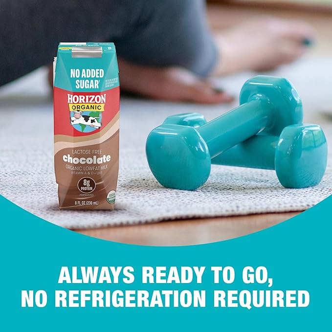 NEW Horizon Organic Shelf Stable No Added Sugar Lactose Free 1% Lowfat Chocolate Milk Boxes, Pack of 18-8g Protein per Serving