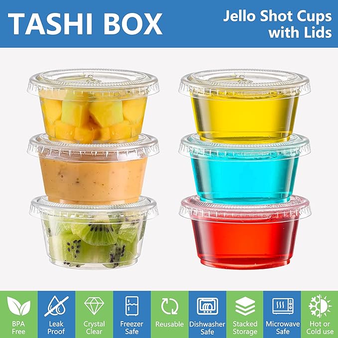 TashiBox Plastic Portion Cups with Lids [2 Ounce, 200 Sets] Disposable Plastic Cups for Meal Prep, Salad Dressing, Jellos Shot Cups, Souffle Cups, Condiment & Dipping Sauce Cups