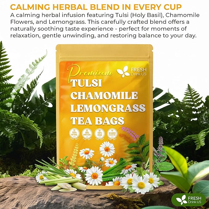 FreshDrinkUS, Premium 135 Tea Bags Tulsi Chamomile Lemongrass Herbal Tea | Blend with Holy Basil, Chamomile Flowers & Lemongrass Leaves – Naturally Caffeine-Free, Soothing Herbal Infusion. Vegan