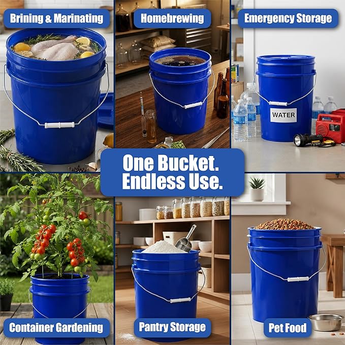 ePackageSupply 5 Gallon Bucket - Food Grade Bucket with Airtight Gamma Seal Screw-On Lid, BPA-Free, Heavy-Duty 90 Mil HDPE Plastic, Bulk Storage, Durable Container, Made in USA, Blue/Blue, 1 Pack