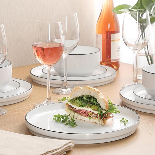 Gibson Home Rothernberg Plates and Bowls 18 Piece Porcelain White Dinnerware Set W/Black Rim | Stackable Dishes | Microwave & Dishwasher Safe
