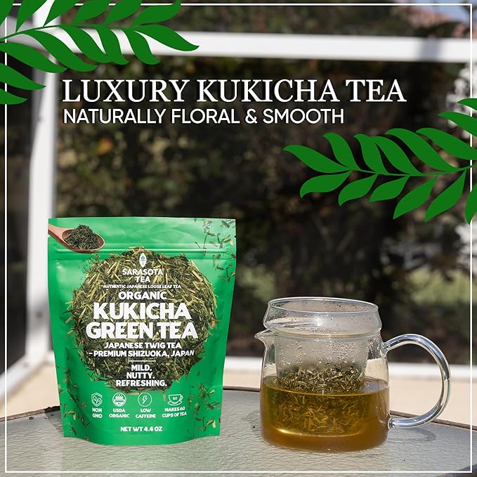 Kukicha Green Tea Loose Leaf | Japanese Twig & Leaf Green Tea | Low Caffeine | Smooth & Nutty Flavor | 4.4 oz Bulk Bag | Antioxidant Rich | Hot or Iced | Non-GMO