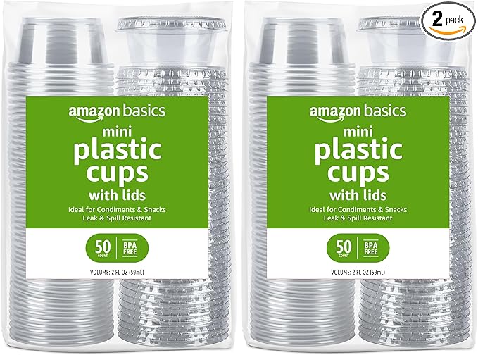 Amazon Basics Disposable Plastic To-Go Cups and Lids, Mini, 2oz, 50 Count, BPA Free, for Condiment, Salad Dressing, Sauces, Jello Shots (Pack of 2)