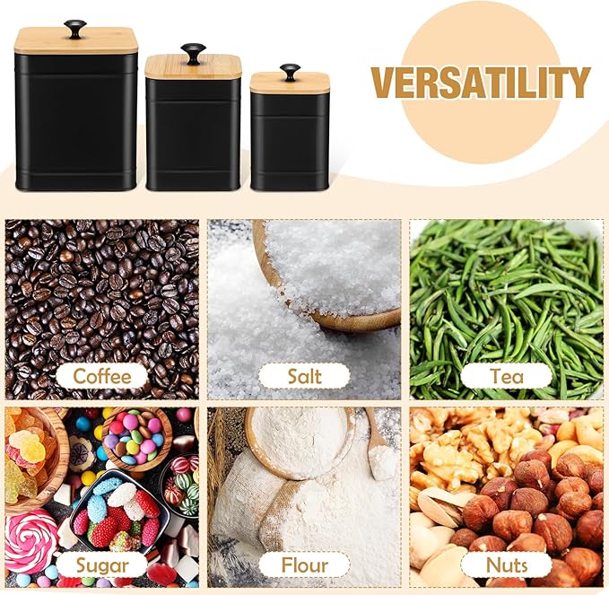 Tioncy Kitchen Canisters for Countertop Set of 3 Metal Canisters Sets with Bamboo Lids Spoon Airtight High Capacity Coffee Tea Sugar Flour Jars with DIY Labels Farmhouse Food Storage(Black,XL,L,M)