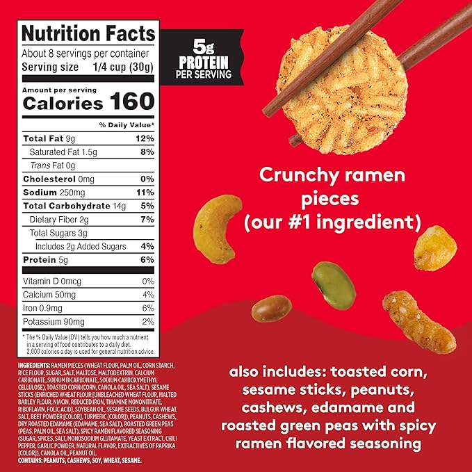 Snak Club Hot & Spicy Ramen Flavored Snack Mix, Crunchy Ramen Pieces, Toasted Corn, Sesame Sticks, Peanuts, Cashews, Edamame, Roasted Green Peas, 8 oz Resealable Bag