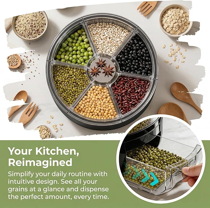 360° Rotating Grain Dispenser | 6-Grid Rice Dispenser with One-Click Dispensing | Airtight Cereal Container for Rice, Beans, Grains Storage (Black, Small)