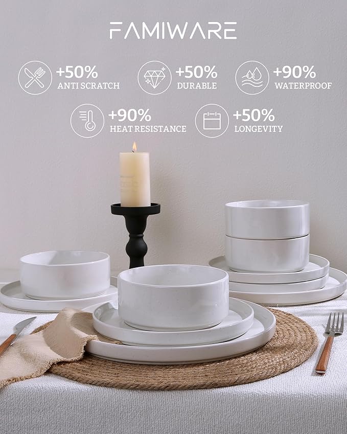 Famiware Nebula Dinnerware Sets with Pasta Bowls, Service for 6 (24 Pieces), Fine Stoneware Plates and Bowls Sets, Microwave and Dishwasher Safe Dishes Set, White