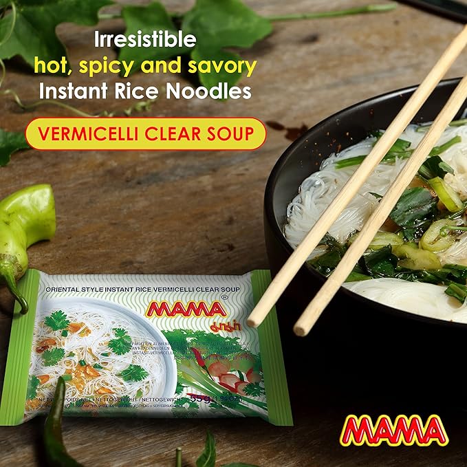 MAMA Noodles Vermicelli Clear Soup Instant Rice Noodles w/Delicious Thai Flavors, Hot & Spicy Noodles, No Trans Fat w/Fewer Calories Than Deep Fried Noodles 30 Pack