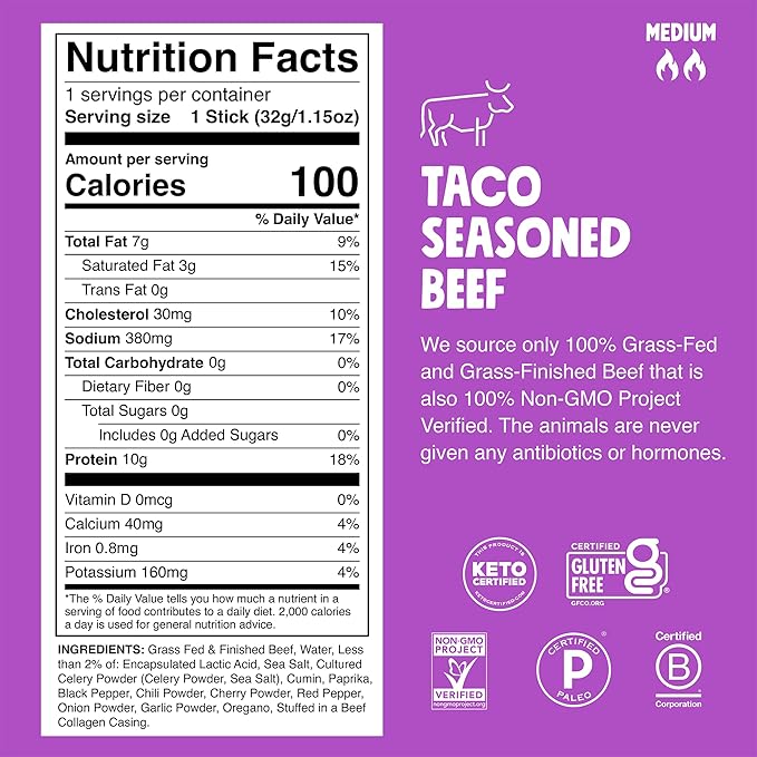 Chomps Grass-Fed and Finished Taco Beef Jerky Snack Sticks 10-Pack - Keto, Paleo, Whole30, 10g Lean Meat Protein, Gluten-Free, Zero Sugar Food, Non-GMO
