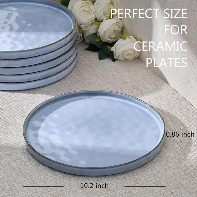 LIANYU 6PCS Ceramic Flat Dinner Plates Set, Porcelain Salad Appetizer Dishes with High Edge, 10.2” Dessert Plates Set, Microwave, Oven, dishwasher Safe, Chip & Scratch Resistant, Serenity Blue