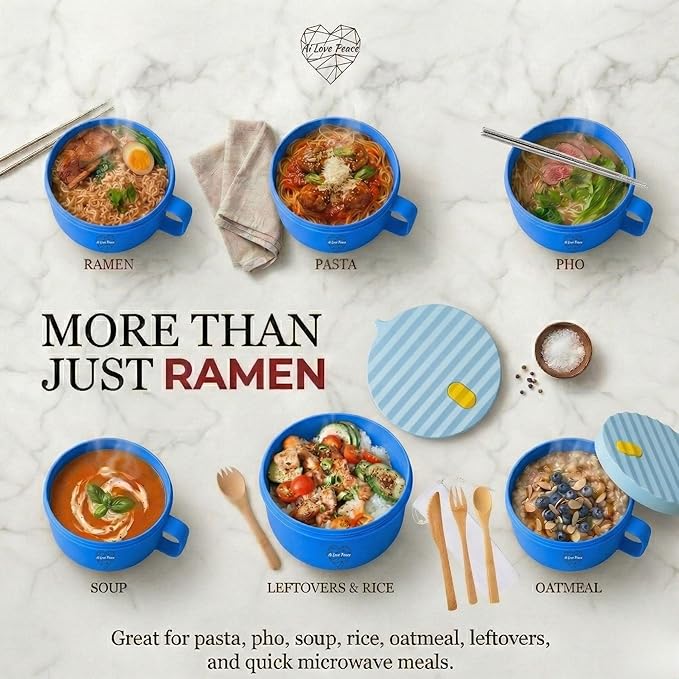AI LOVE PEACE Microwave Ramen Bowl Set of 2, 40 oz Ramen Noodle Bowls with Lids, Microwave Noodle Bowl for Soup, Pho, Pasta, Rice & Oatmeal, Dishwasher Safe (2 x Blue)
