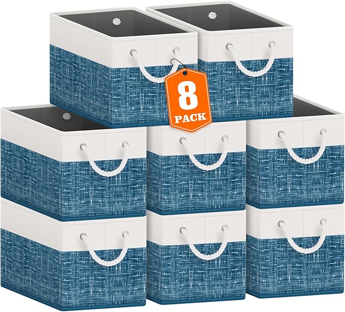 Fab totes Storage Bins [50-Pack], Foldable Storage Baskets for Organizing Toys, Books, Shelves, Closet, Large Storage Box with Rope Handles, Sturdy Organizer Bins, White & Black