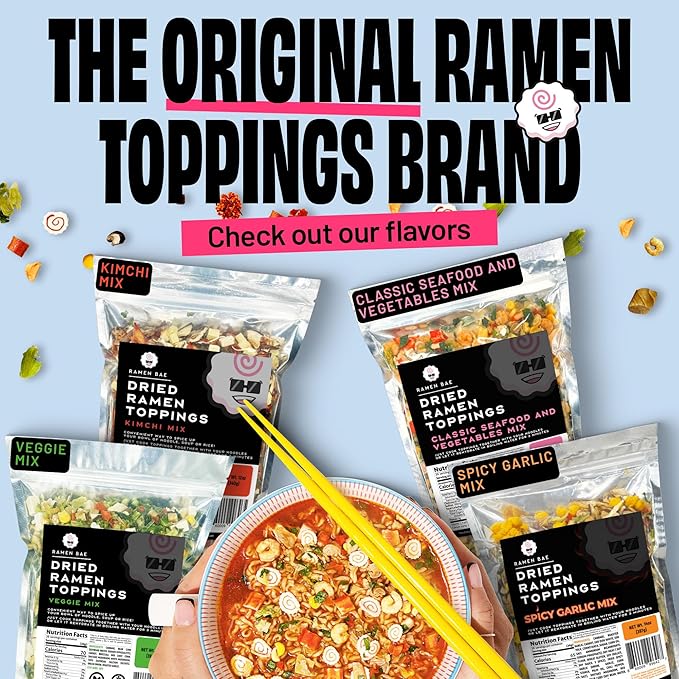 Ramen Bae Classic Seafood & Veggie Mix Dried Ramen Toppings - Low Fat, Low Sodium, Dehydrated Ramen Toppers, Add Ins, Mix Ins for Ramens, Noodles, Soup, Fried Rice - Easy To Prep, Up To 20 Servings