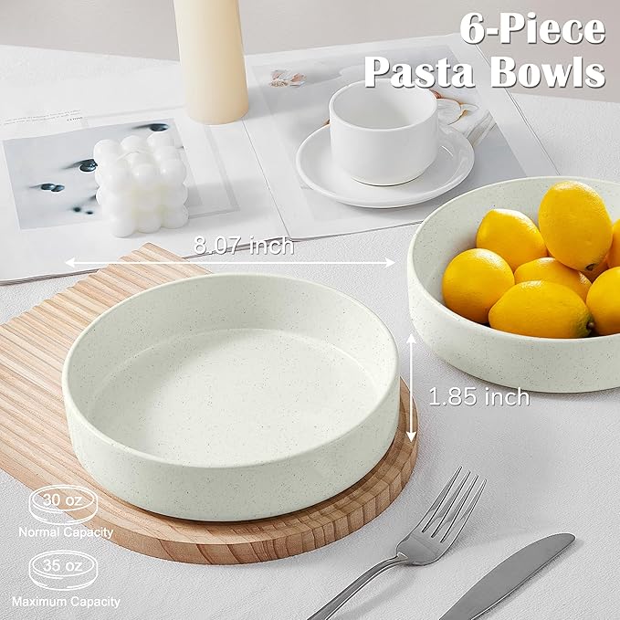 E-far Pasta Bowls Set of 6, 35 oz Large Stoneware Bowl Plates | Shallow & Wide Ceramic Pasta Serving Plates for Salad Dinner Soup | Microwave & Dishwasher Safe, Speckled Multicolor
