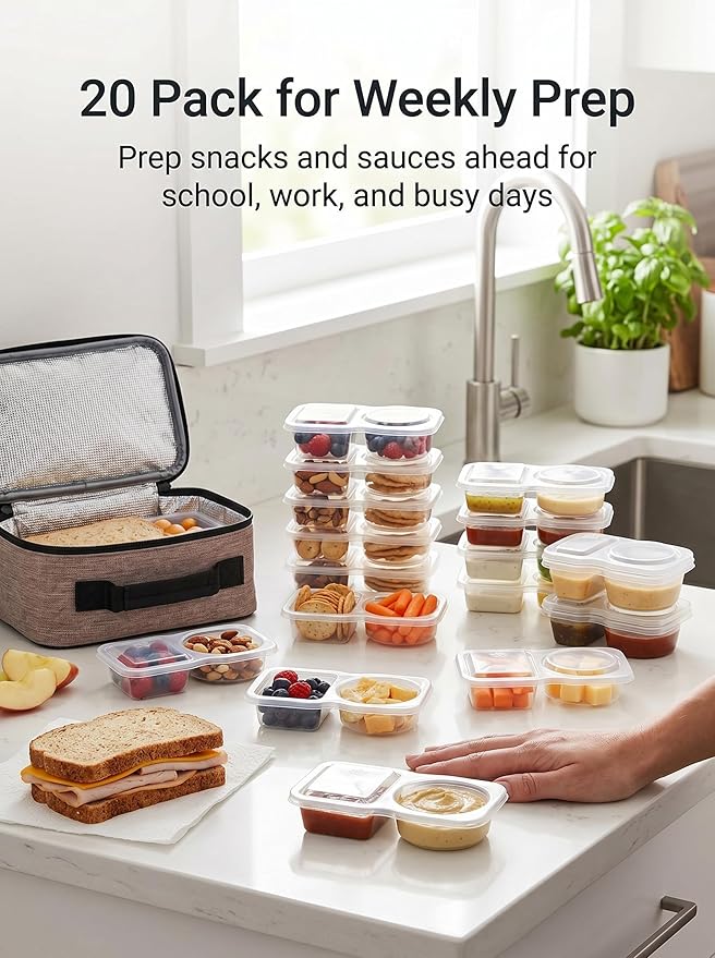 20-Pack 2 Compartment Snack Containers with Secure-Fit Lids, Reusable BPA-Free Snack Prep Boxes, Portion Control Food Storage Containers for Lunch, Meal Prep, Office, Picnic & Travel (20)