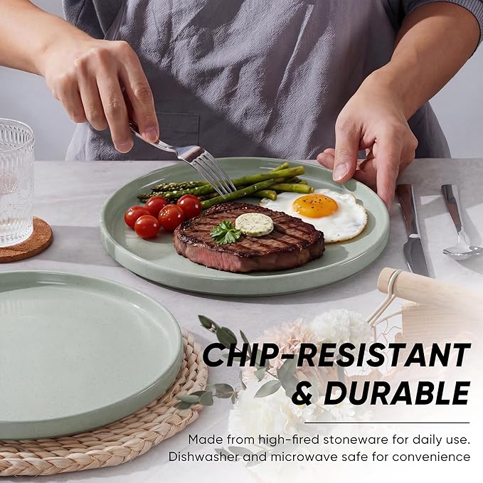 E-far Dinner Plates Set of 6, 10.5 Inch Stoneware Dinner Plate with Raised Edges, Chip & Scratch Resistant | Microwave & Dishwasher Safe Modern Ceramic Dishes for Dessert Salad, Speckled Green