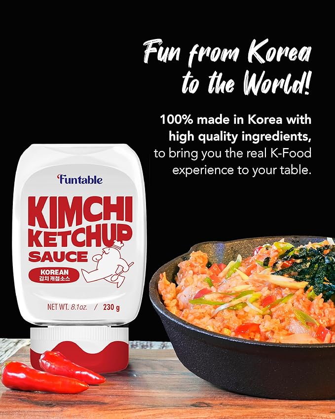 Funtable Kimchi Ketchup (8.1 oz, 230g) (Halal) - Savoury & Spicy Ketchup, Great Flavors, Easy-to-Use. Perfect for Chicken, Nuggets, Wings & Nachos, Tomato Sauce Alternative.
