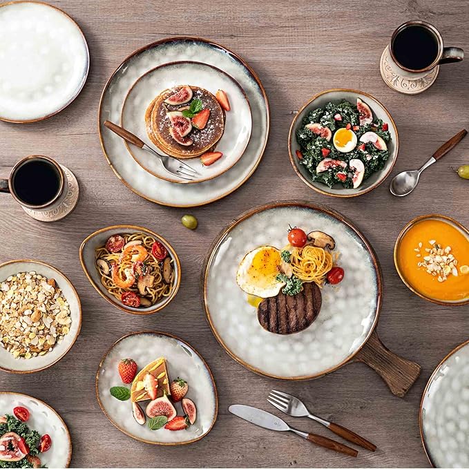 Henten Home Ceramic Appetizer Plate Set, 6.75 Inch Dessert Plates, Reactive Glaze Serving Plates for Snack, Sushi, Set of 4, Microwave & Dishwasher Safe (White)