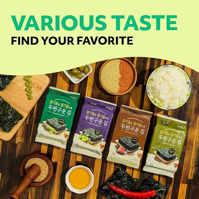 Kim’s Table Roasted Seaweed Snack – Korean Seasoned Seaweed Sheets, Light & Crispy, Healthy Low Calorie Gluten Free Vegan Snack, 6 Convenient Packs (0.14oz Each) (Olive Oil) 올리브유 한국 김