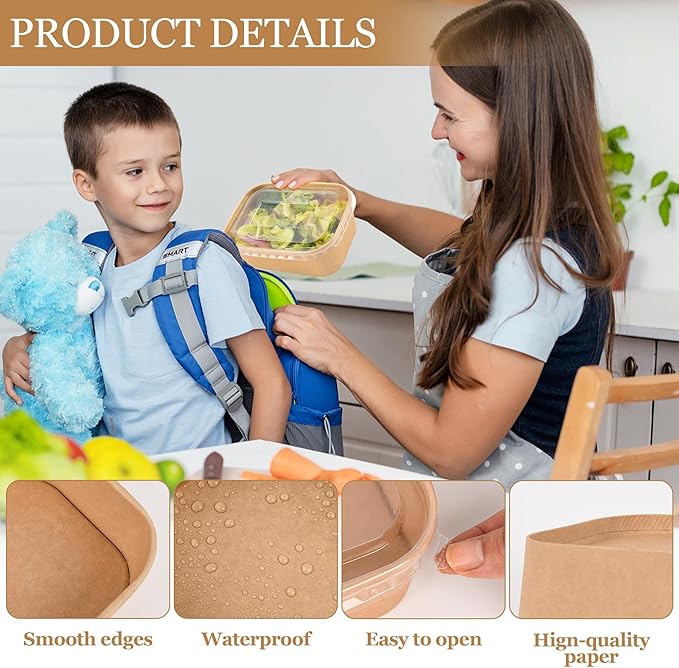 50 Pack Disposable Meal Prep Containers, 22oz Disposable Large Paper Bowls with Lids and Forks for Salad, Noodles, Freezer and Microwavable Storage Use Cardboard Food Containers