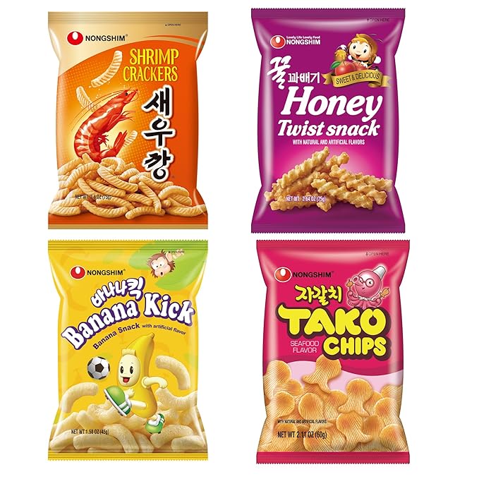 Nongshim Korean Variety Snack Pack, Original Shrimp Crackers, Honey Twist Snack, Banana Kick, Tako Chips, Variety Pack, Snacks for Kids, Sport Event Essential, Korean Snacks (Pack of 4)