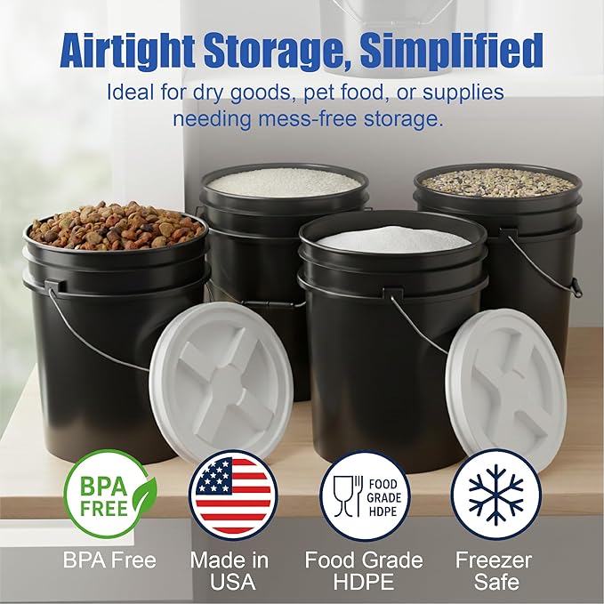 ePackageSupply 5 Gallon Bucket - Food Grade Bucket with Airtight Gamma Seal Screw-On Lid, BPA-Free, Heavy-Duty 90 Mil HDPE Plastic, Bulk Storage, Durable Container, Made in USA, Black/White, 3 Packs