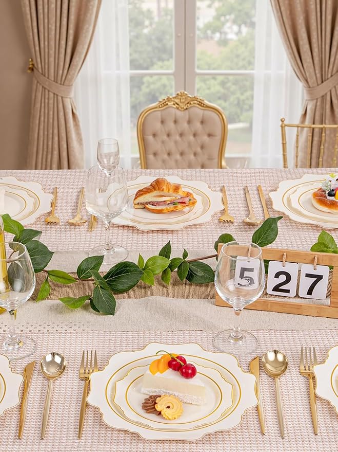 WDF 100PCS Ivory Plastic Plates with Gold Rim - Cream Plastic Plates - Include 50 Dinner & 50 Dessert Fancy Disposable Plate for Party - Heavy Duty Beige Plate for Baby Shower/Wedding