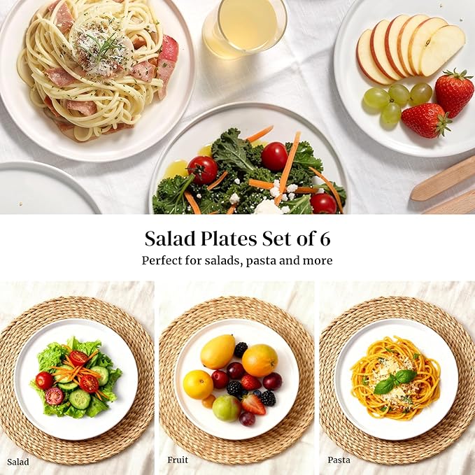 DOWAN 8" Porcelain Salad Plates Set of 6, Ceramic White Dessert Plates Set for Salad, Pasta, Steak - Appetizer Plates, Dining Plates for Parties, Restaurant - Dishwasher & Microwave Safe - Gifts