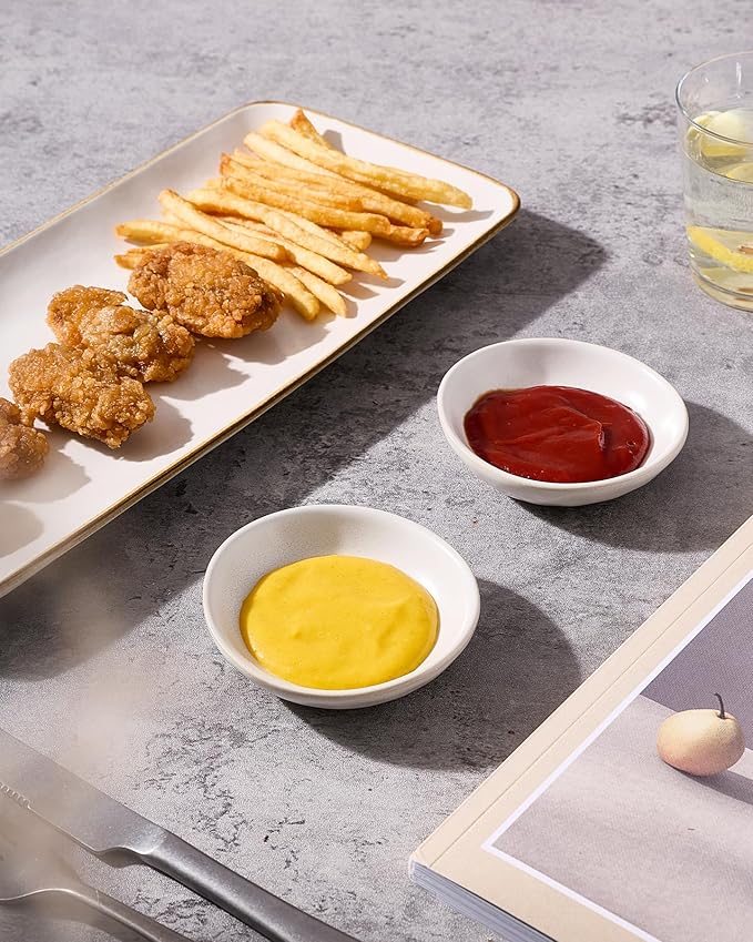 famiware Ocean Soy Sauce Dishes of 6, Oval Dipping Sauce Cups/Bowls for Kitchen, 2.1oz Ceramic Small Bowls for Side Dish, Appetizers, Snacks, and Sushi, Reactive Glaze, Dishwasher Safe, Matte White