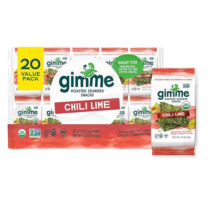 Gimme Seaweed Organic Premium Roasted Seaweed Snacks, Chili Lime, 20 Count, Keto, Vegan, Gluten-Free, Great Source of Omega3s and Iodine, Healthy On-The-Go Snack for Kids and Adults