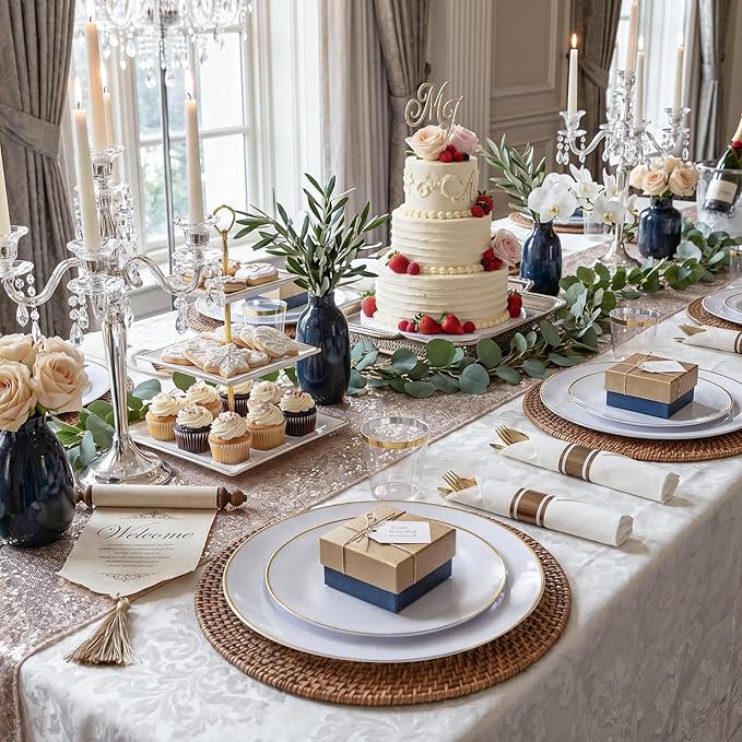 KIRE 100PCS Disposable Plates - White with Gold Rim Plastic Plates - Includes 50Pieces 10.25inch Dinner and 50Pieces 7.5inch Dessert/Salad Plate for Wedding/Spring Party/Graduation