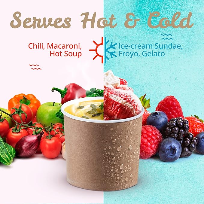 MATICAN Paper Ice Cream Cups - 50-Count 11-Oz Disposable Dessert Bowls for Hot or Cold Food, 11-Ounce Party Supplies Treat Cups for Sundae, Frozen Yogurt, Soup, Brown