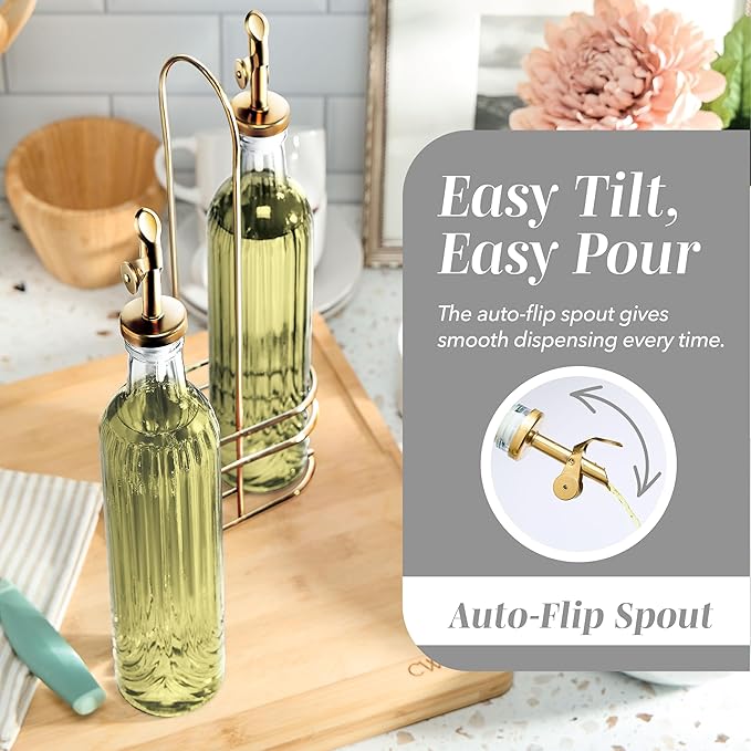 COOK WITH COLOR Glass Olive Oil Bottle Dispenser - 2 Pack- 17oz Oil and Vinegar Cruet - Olive Oil Carafe Decanter for Kitchen, Elegant Fluted, Clear