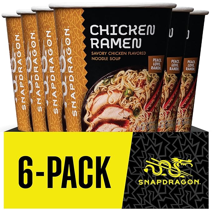Snapdragon Chicken Ramen Cup Noodles - 6 Pack Instant Ramen Bowl with Authentic Wheat Noodles, Soup Flavor Sauce, Vege Pack, and Garlic Flavoring Oil. Microwave or Hot Water, Easy Meal Prep