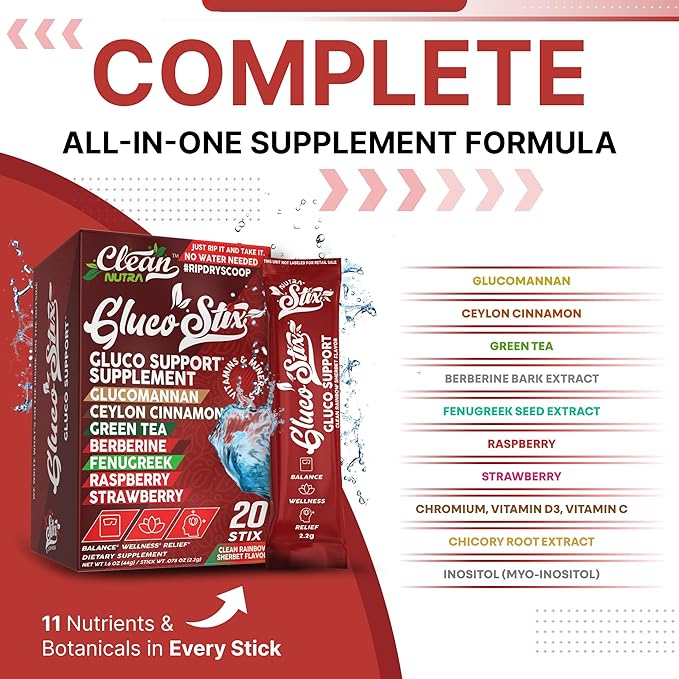 Clean Nutraceuticals Ceylon Cinnamon Powder, Green Tea Extract, Glucomannan, Berberine Supplement, Chromium Picolinate, Apple Cider Vinegar – Rainbow Sherbet Powder Sticks - 20 Count