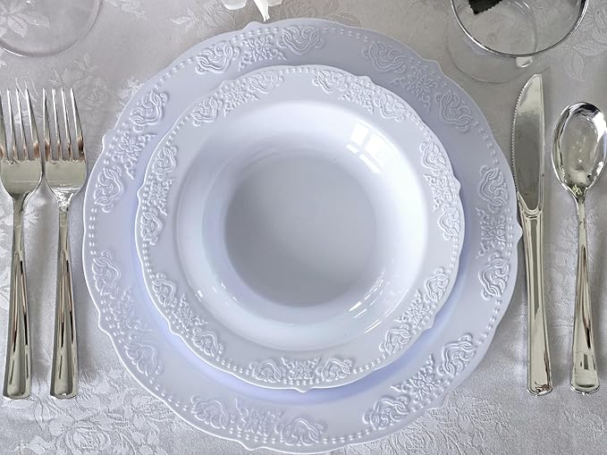 OCCASIONS 240 Blue Fancy Plastic Plates (120 Guests) - Heavy Duty Disposable Plates for Wedding & Party, Elegant China Look, BPA Free, 10.25" Dinner + 7.5" Dessert (Portofino Plain Blue)