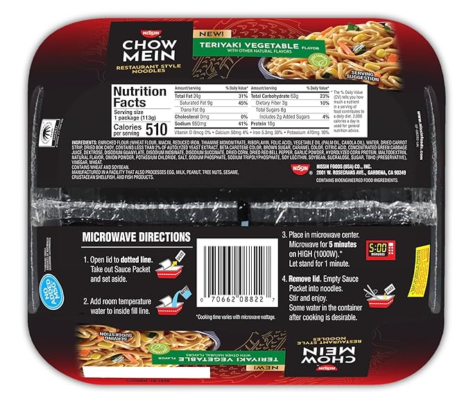 Nissin Chow Mein Noodles, Teriyaki Vegetable, 10g Protein, 4 Ounce (Pack of 8)