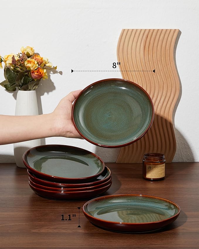 Pokini Stoneware Dessert Pates 8 Inch, Microwave Safe Plates, Reactive Glaze Small Dinner Plate, Scratch Resistant and Dishwasher Safe, Brown Green