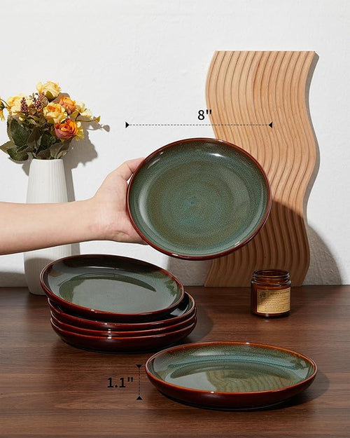 Pokini Stoneware Dessert Pates 8 Inch, Microwave Safe Plates, Reactive Glaze Small Dinner Plate, Scratch Resistant and Dishwasher Safe, Brown Green